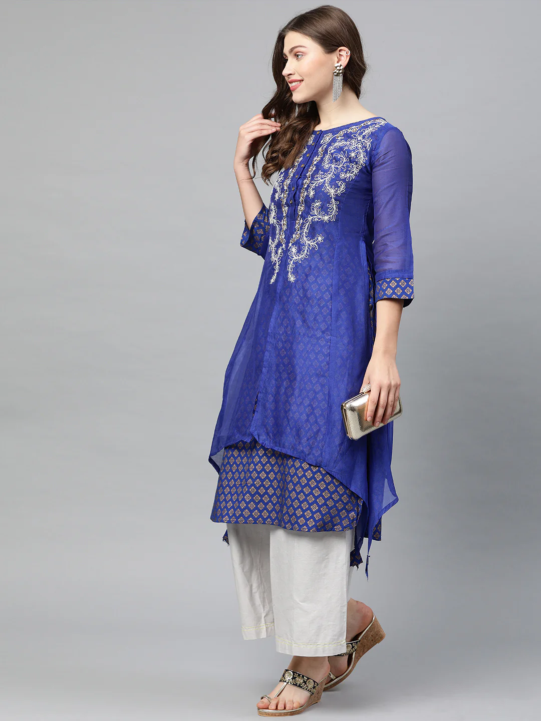 Neerus Women Blue White Embroidered A-Line Layered Kurta - Image 5