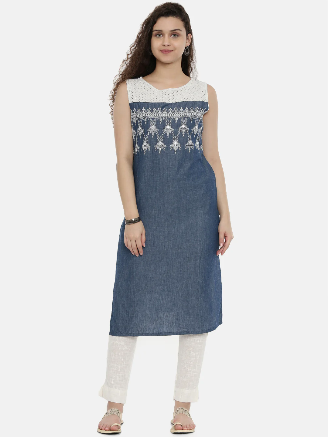 Neerus Women Blue White Embroidered Yoke Design Straight Chambray Kurta
