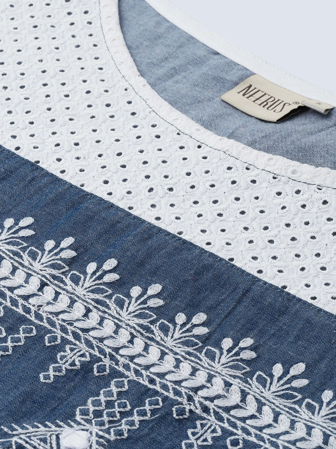 Neerus Women Blue White Embroidered Yoke Design Straight Chambray Kurta - Image 2