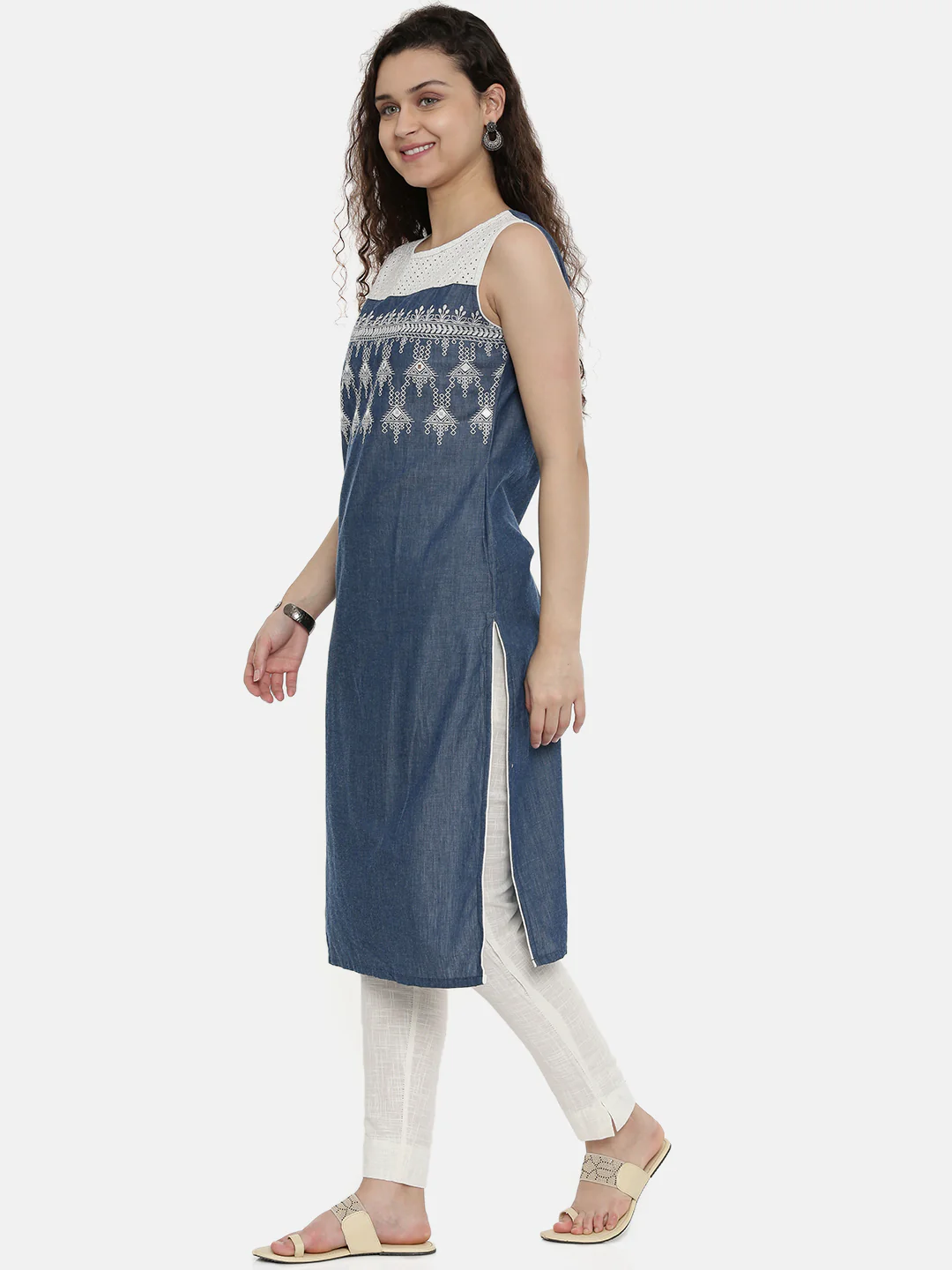 Neerus Women Blue White Embroidered Yoke Design Straight Chambray Kurta - Image 3