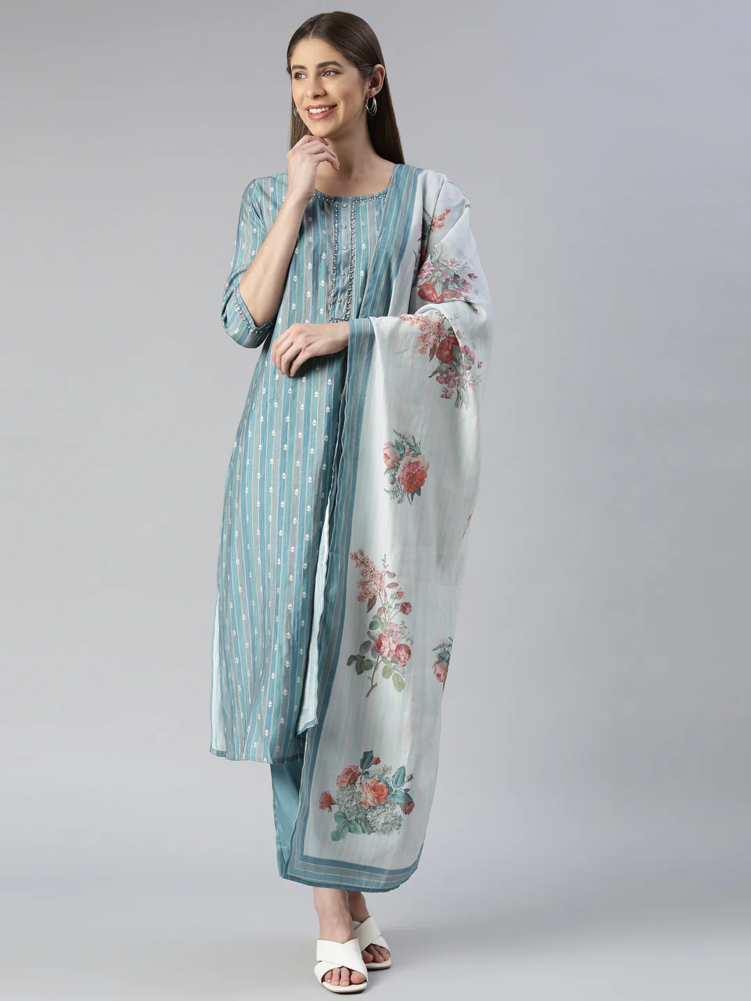 Neerus Women Blue Yoke Design Knee Length Kurta And Trousers With Dupatta