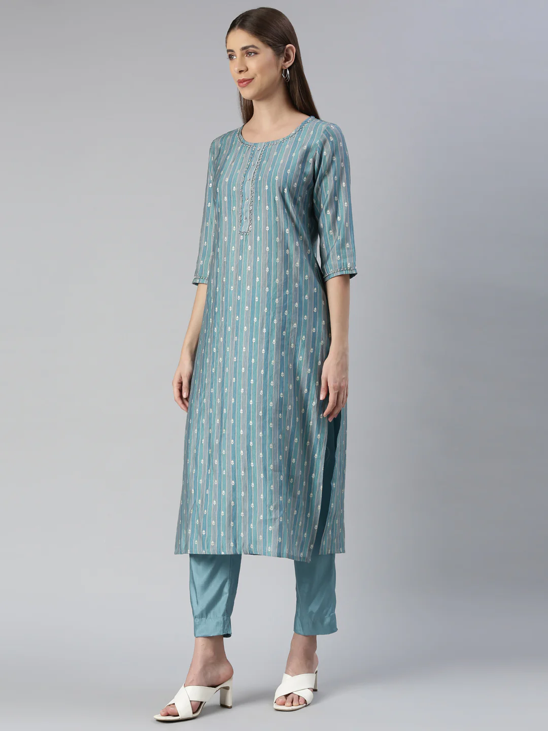 Neerus Women Blue Yoke Design Knee Length Kurta And Trousers With Dupatta - Image 2