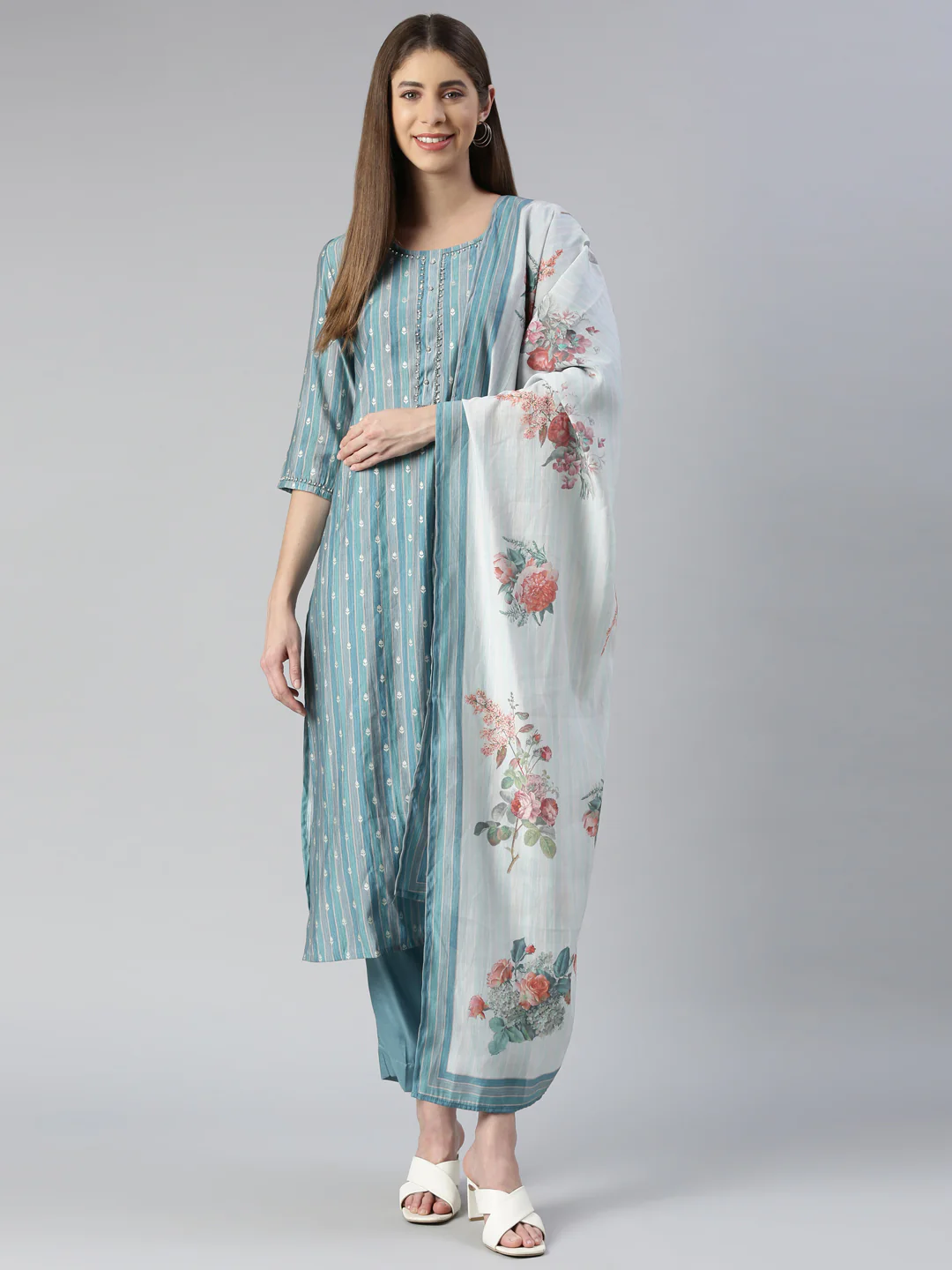 Neerus Women Blue Yoke Design Knee Length Kurta And Trousers With Dupatta - Image 6