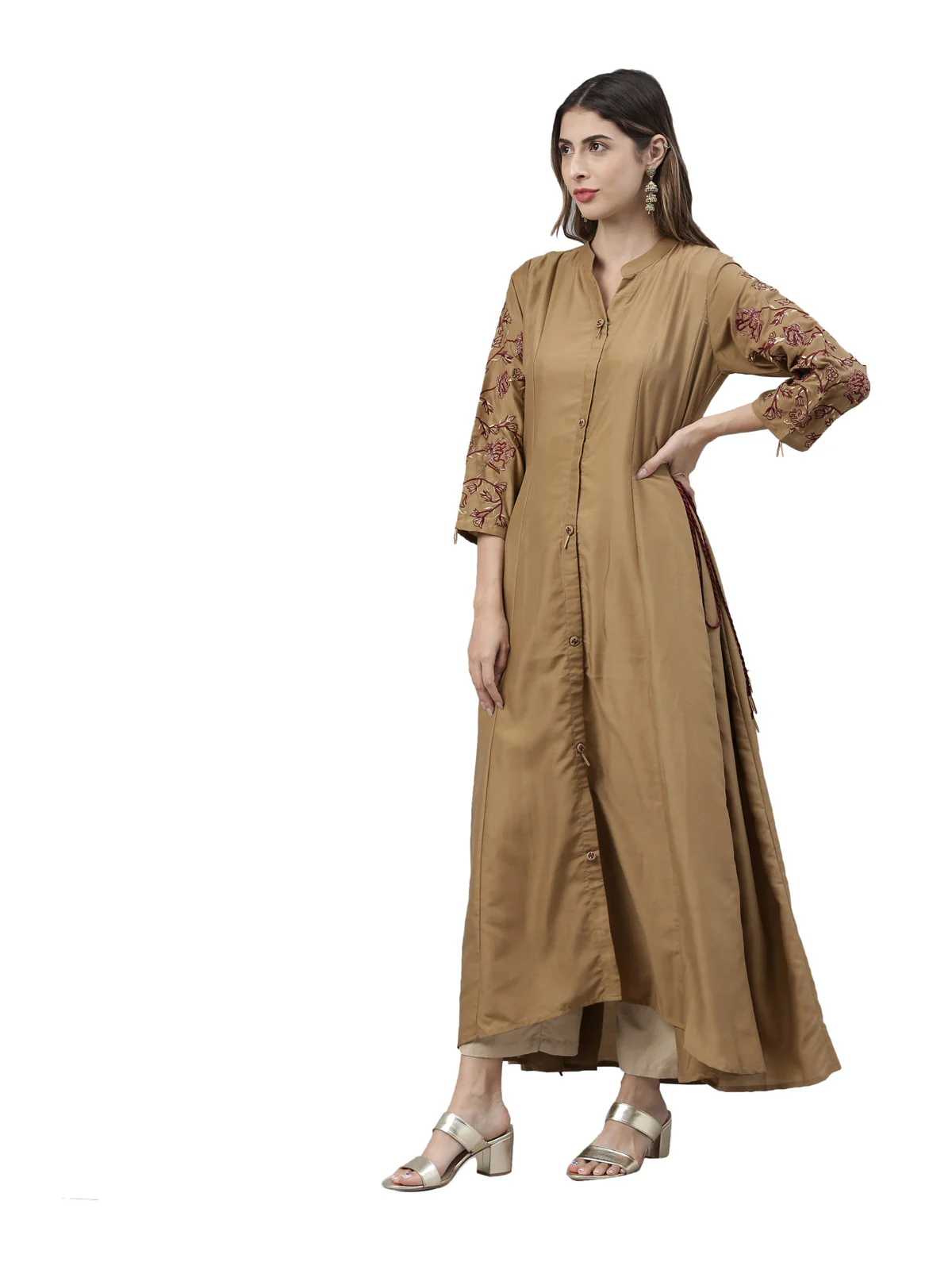 Neerus Women Brown Golden Ethnic Motifs Thread Work Kurta - Image 2
