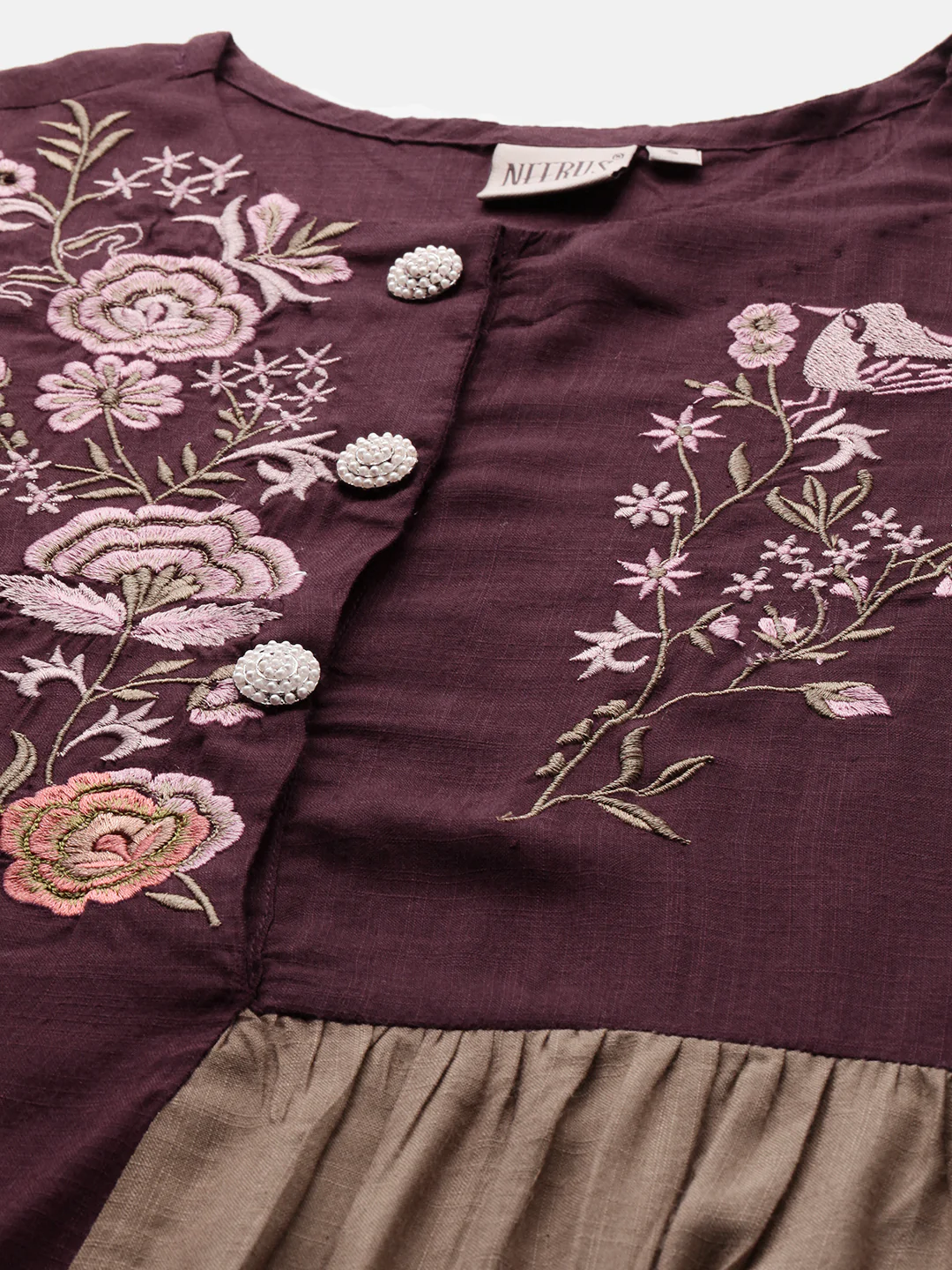 Neerus Women Burgundy Beige Colourblocked Straight Kurta - Image 2
