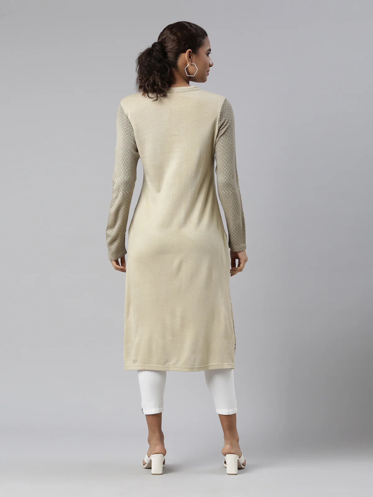 Neerus Winter Wear Camel Brown Geometric Printed Acrylic Kurta For Women - Image 3