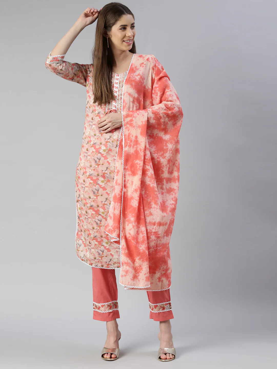 Neerus Women Carrot Printed Calf Length Kurta And Trousers With Dupatta - Image 6