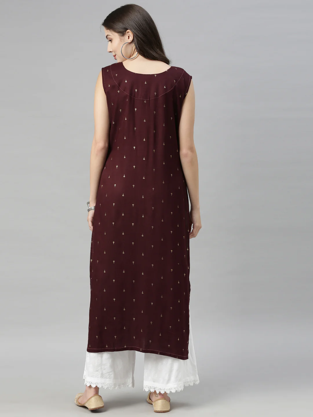 Neerus Women Coffee Brown Beige Ethnic Motifs Print Round Neck Straight Kurta - Image 3