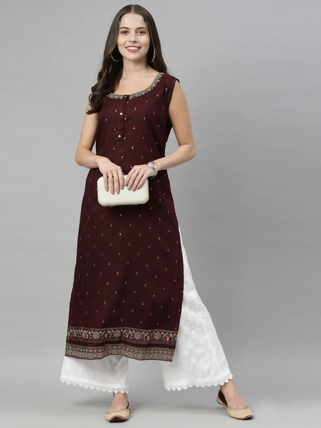 Neerus Women Coffee Brown Beige Ethnic Motifs Print Round Neck Straight Kurta - Image 5
