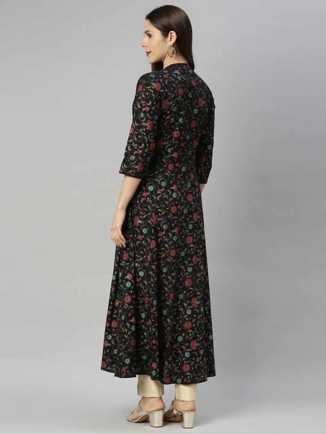Neerus Women Coffee Brown Block Print Tie-up Neck Chanderi Silk Kurta - Image 3