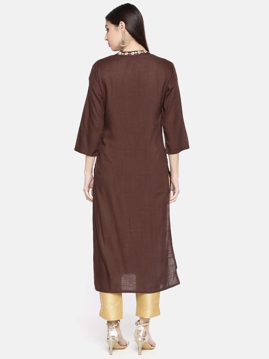 Neerus Women Coffee Brown Solid Straight Kurta With Embroidery Detailing - Image 4