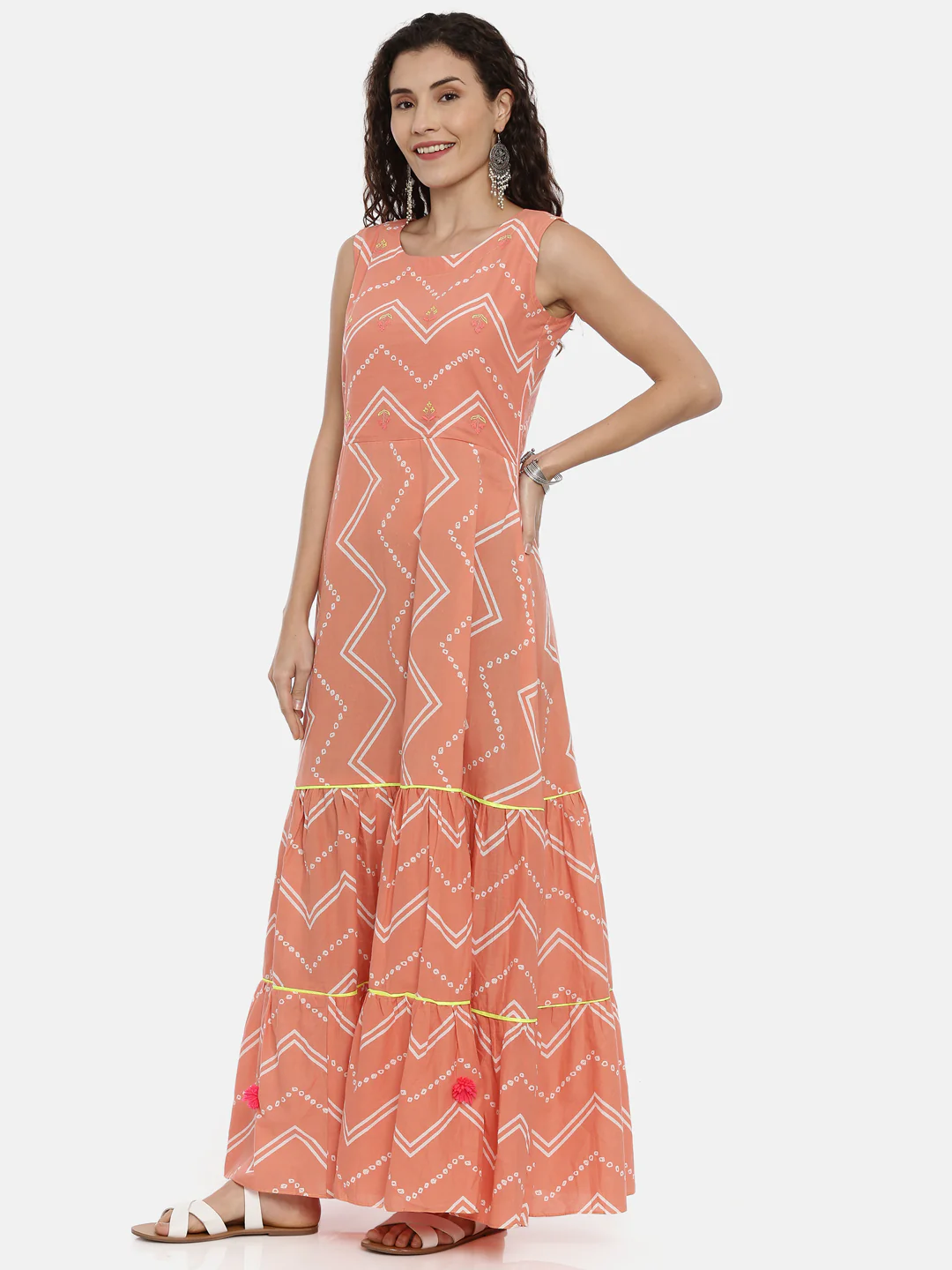 Neerus Women Coral Chevron Printed Anarkali Kurta - Image 2