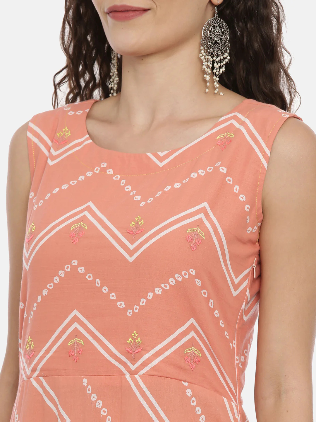 Neerus Women Coral Chevron Printed Anarkali Kurta - Image 4