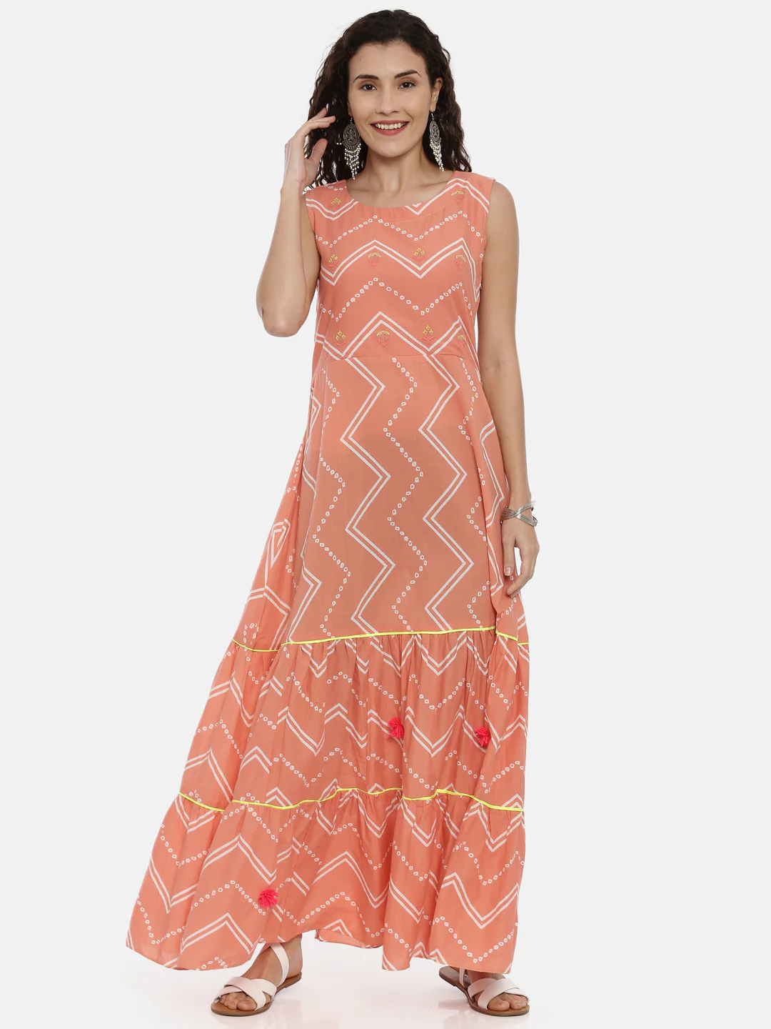 Neerus Women Coral Chevron Printed Anarkali Kurta - Image 5