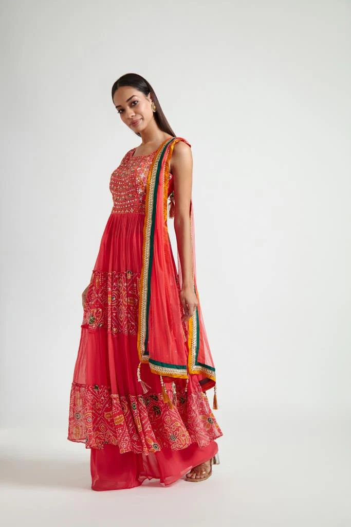 Neerus Women Coral Floral Embroidered Tiered Kurta with Palazzos With Dupatta - Image 2