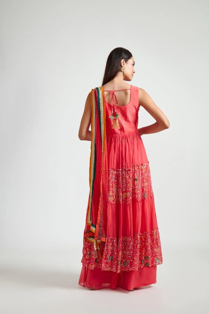 Neerus Women Coral Floral Embroidered Tiered Kurta with Palazzos With Dupatta - Image 3