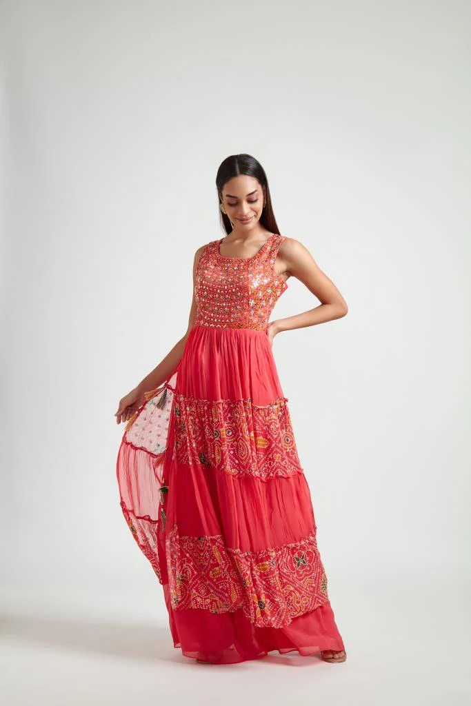 Neerus Women Coral Floral Embroidered Tiered Kurta with Palazzos With Dupatta - Image 4