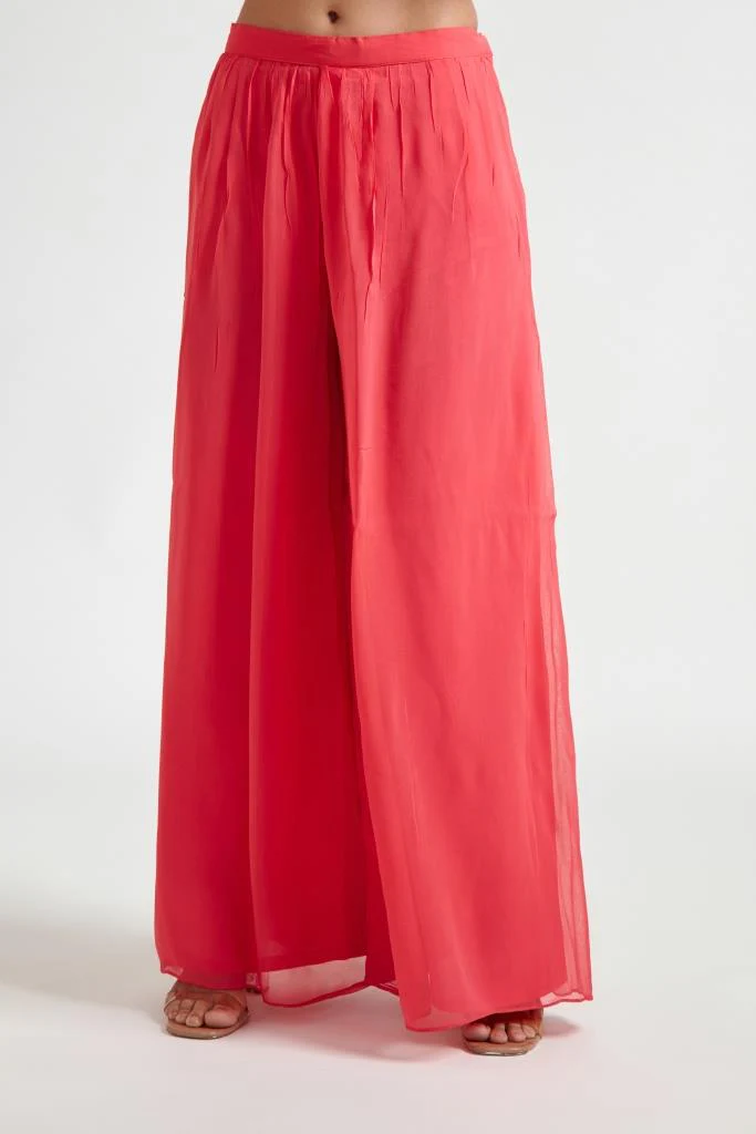 Neerus Women Coral Floral Embroidered Tiered Kurta with Palazzos With Dupatta - Image 5
