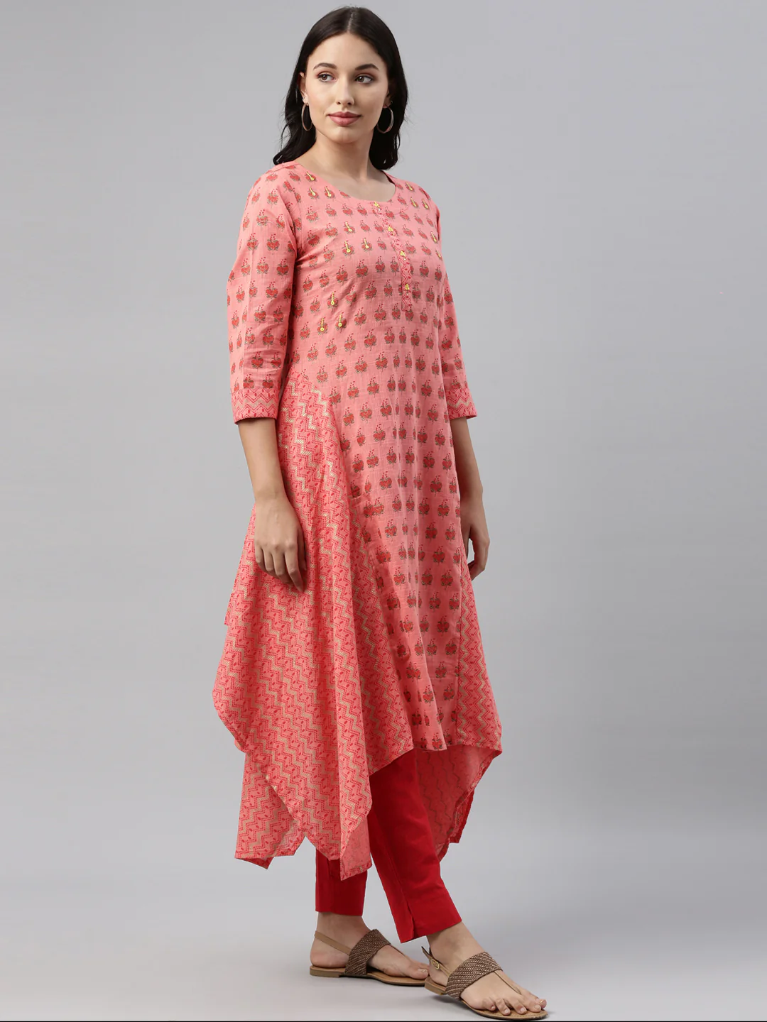 Neerus Women Coral Floral Printed Floral Kurta - Image 2
