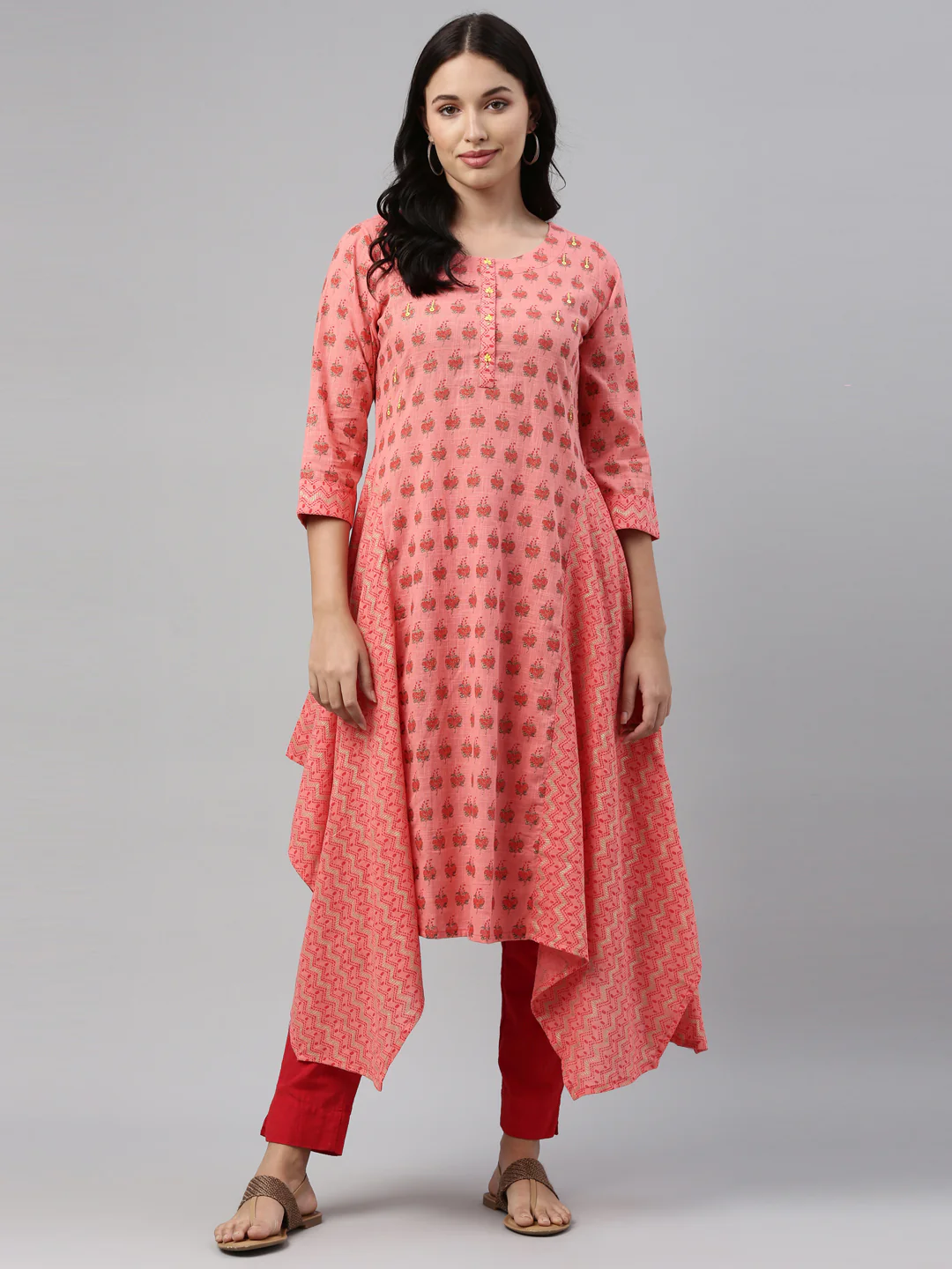 Neerus Women Coral Floral Printed Floral Kurta - Image 5