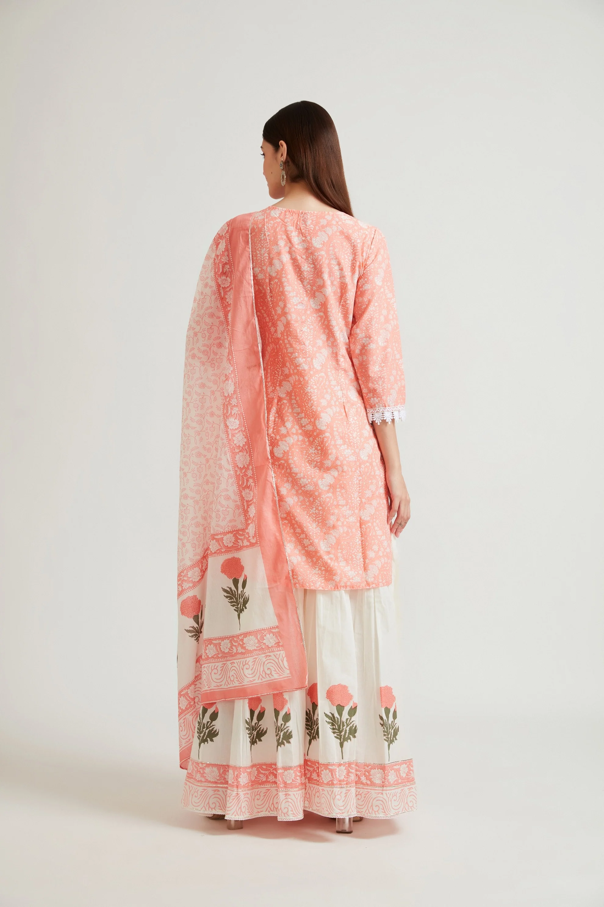 Neerus Women Coral Printed Kurti with Sharara With Dupatta - Image 3