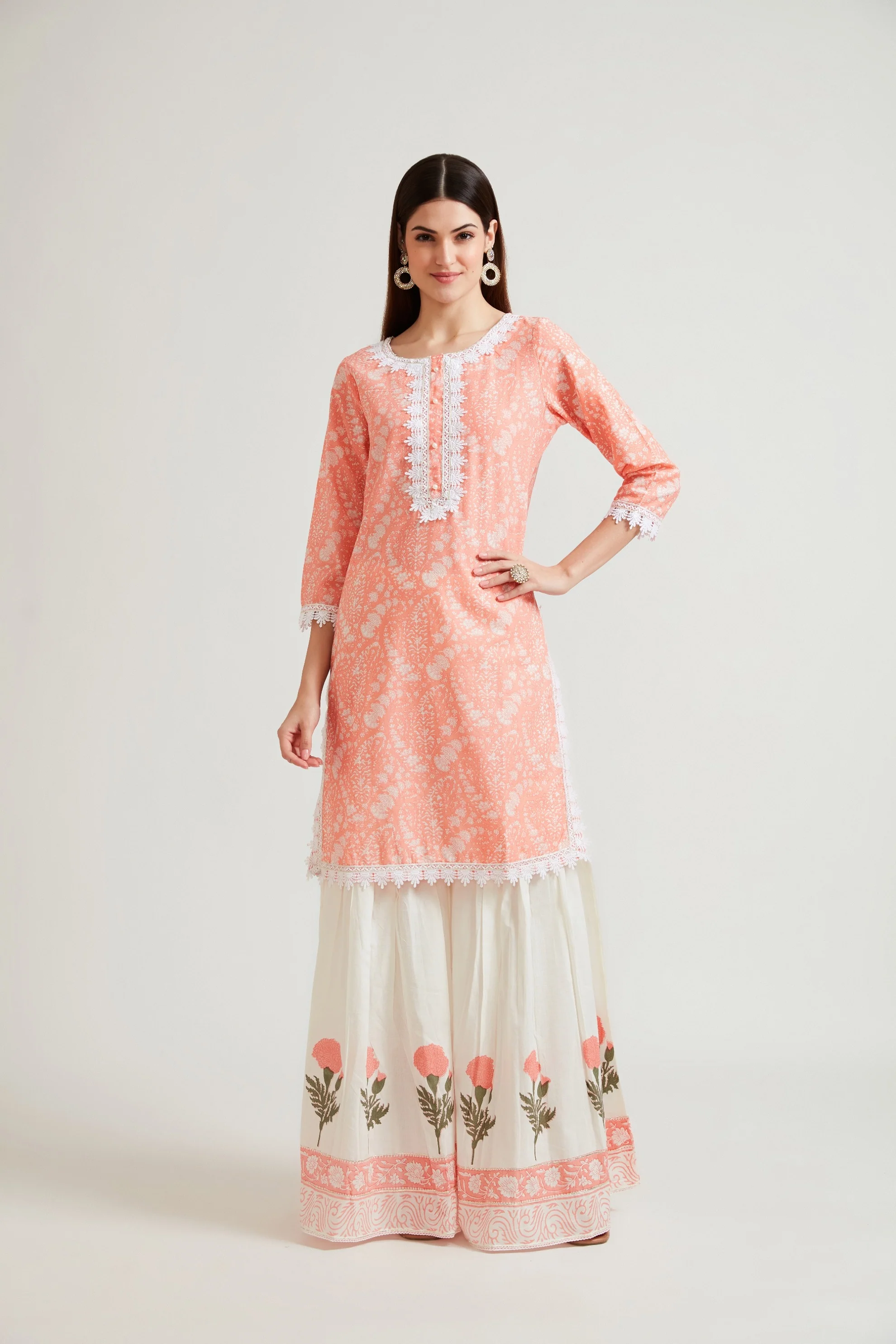 Neerus Women Coral Printed Kurti with Sharara With Dupatta - Image 5
