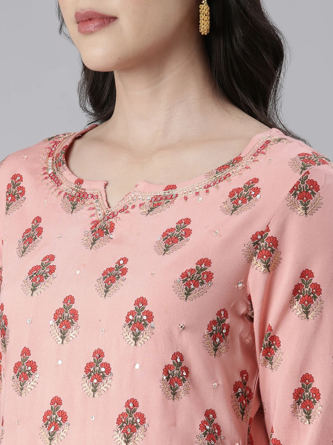 Neerus Women Coral Solid Calf Length Kurta And Trousers - Image 4