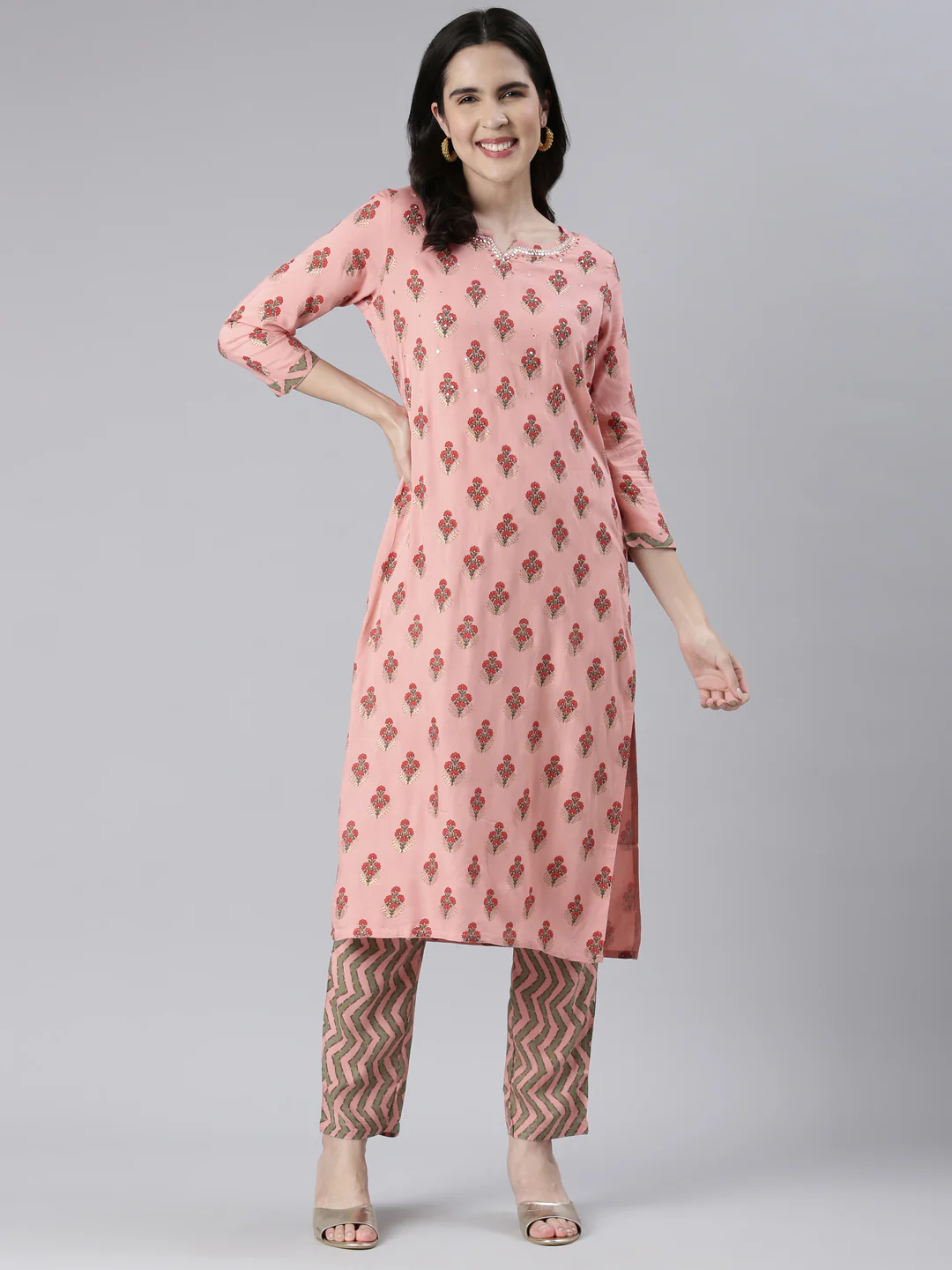 Neerus Women Coral Solid Calf Length Kurta And Trousers - Image 5