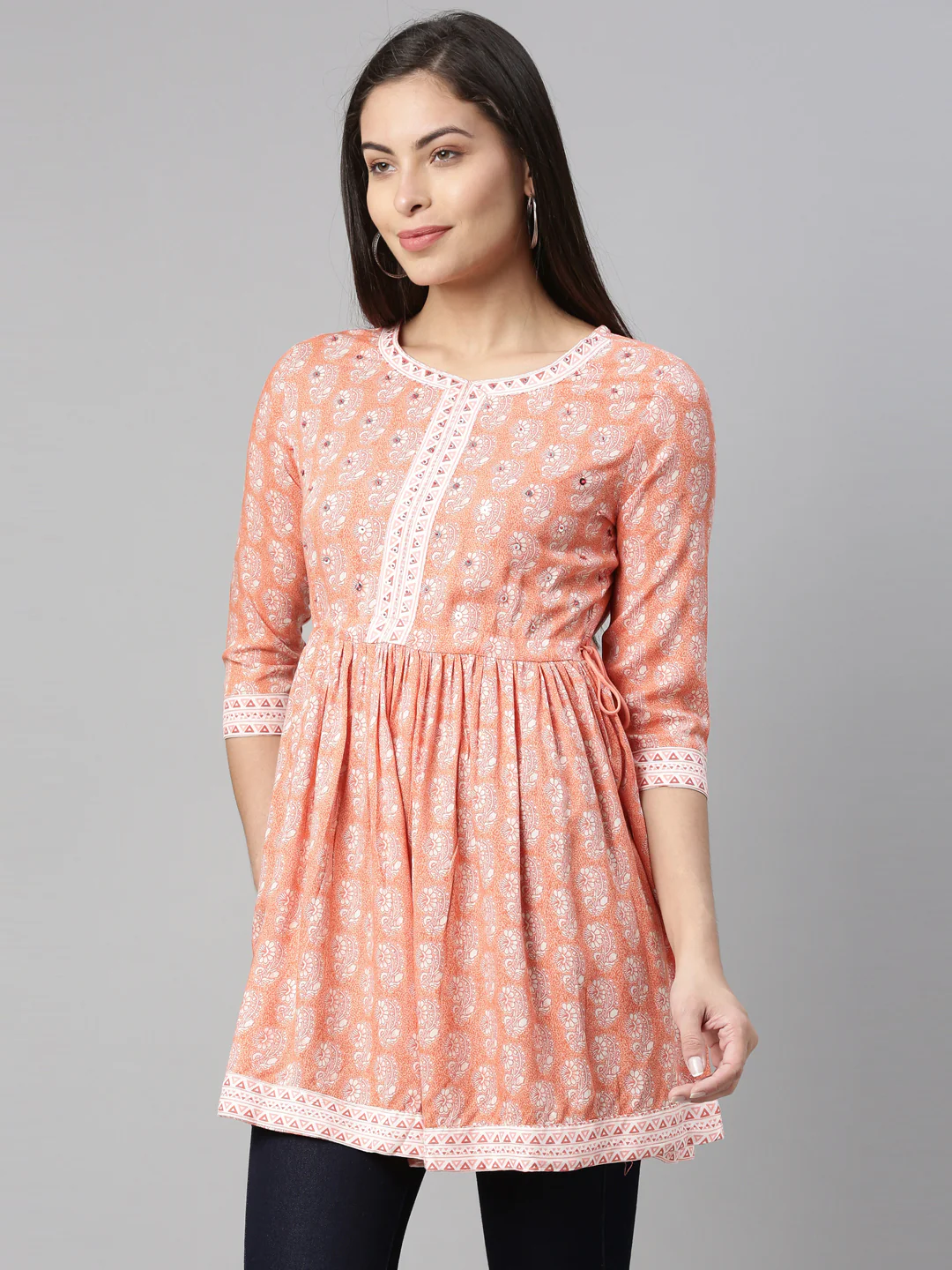Neerus Women Coral  White Floral Printed Sequinned Pleated Kurti - Image 2