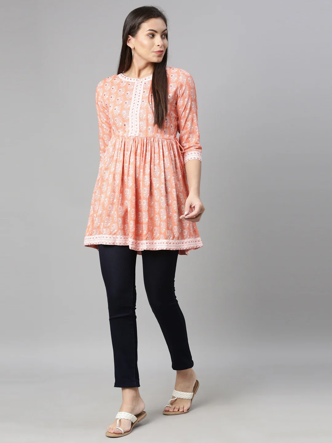 Neerus Women Coral  White Floral Printed Sequinned Pleated Kurti - Image 6