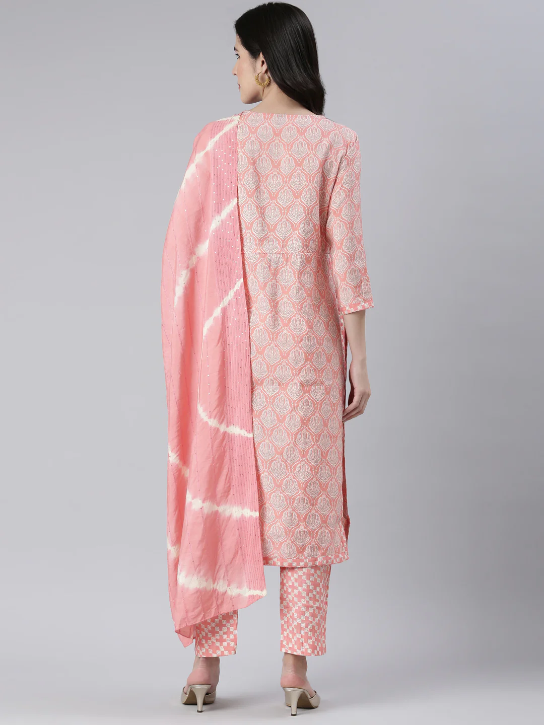 Neerus Women Coral Yoke Design Calf Length Kurta And Trousers With Dupatta - Image 3