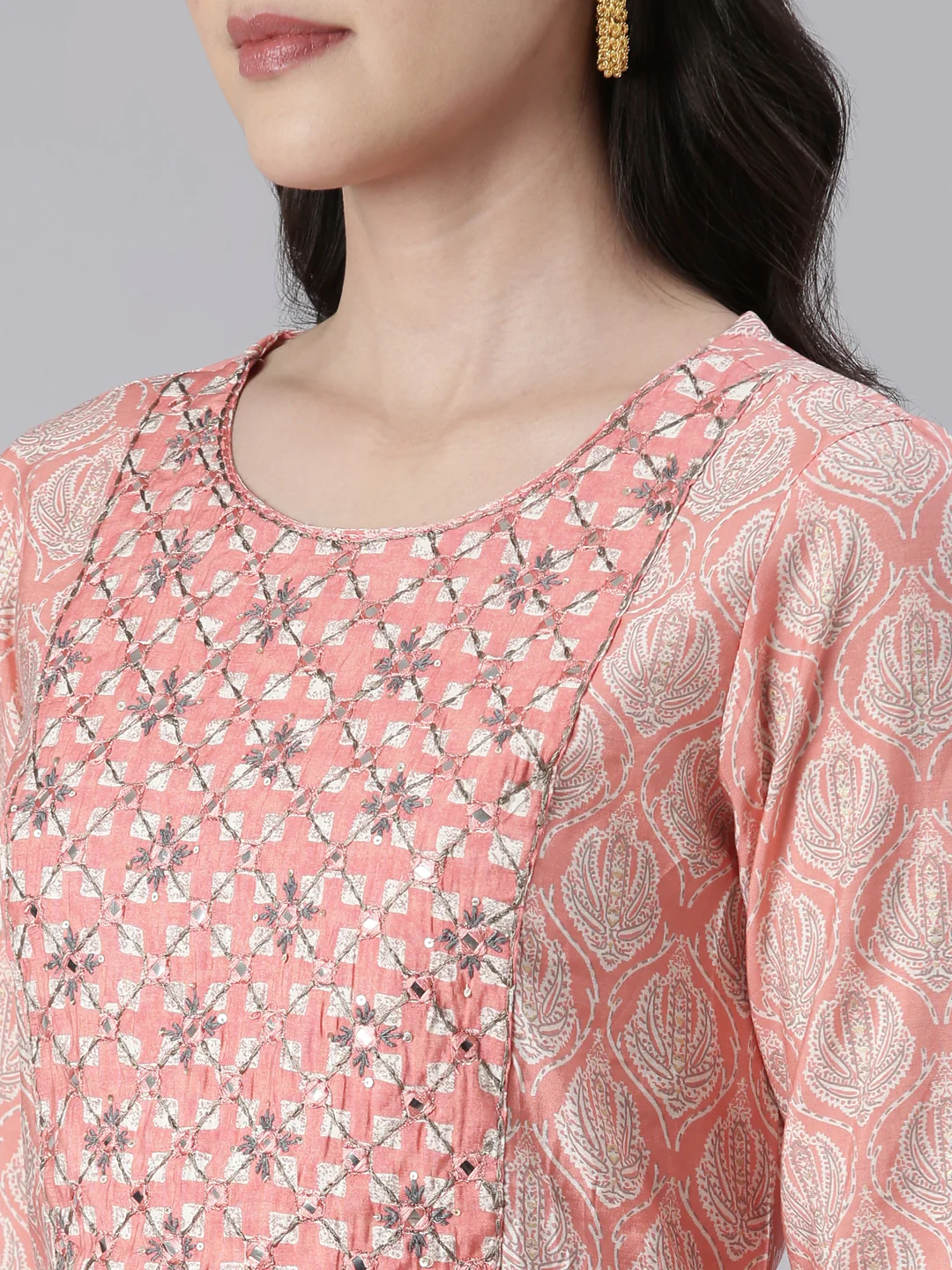 Neerus Women Coral Yoke Design Calf Length Kurta And Trousers With Dupatta - Image 4