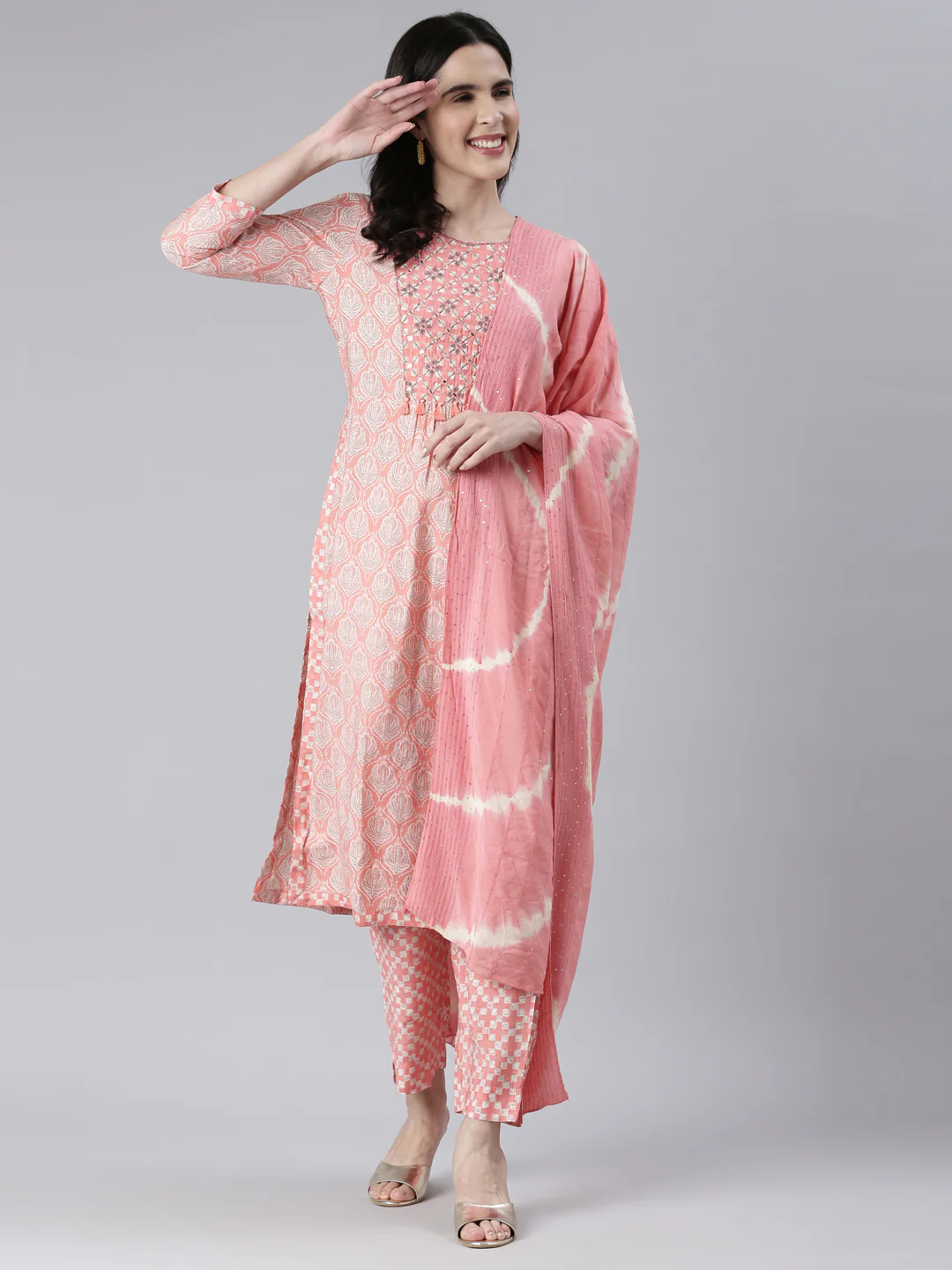 Neerus Women Coral Yoke Design Calf Length Kurta And Trousers With Dupatta - Image 5