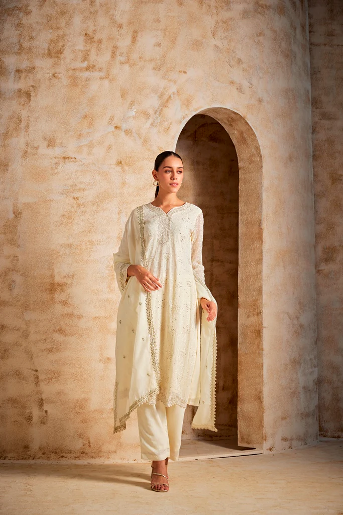 Neerus Women Cream Color Suit Set