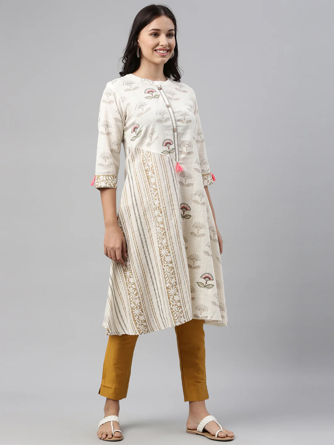 Neerus Women Cream-Coloured Beige Ethnic Motifs Kurta - Image 2