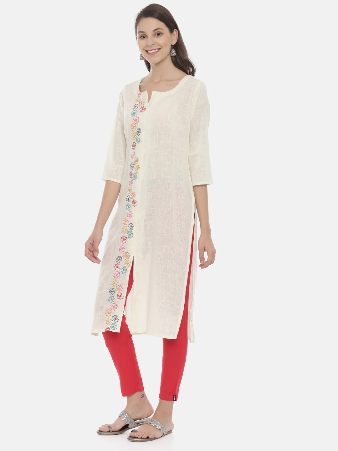 Neerus Women Cream-Coloured Embroidered A-Line Kurta - Image 2