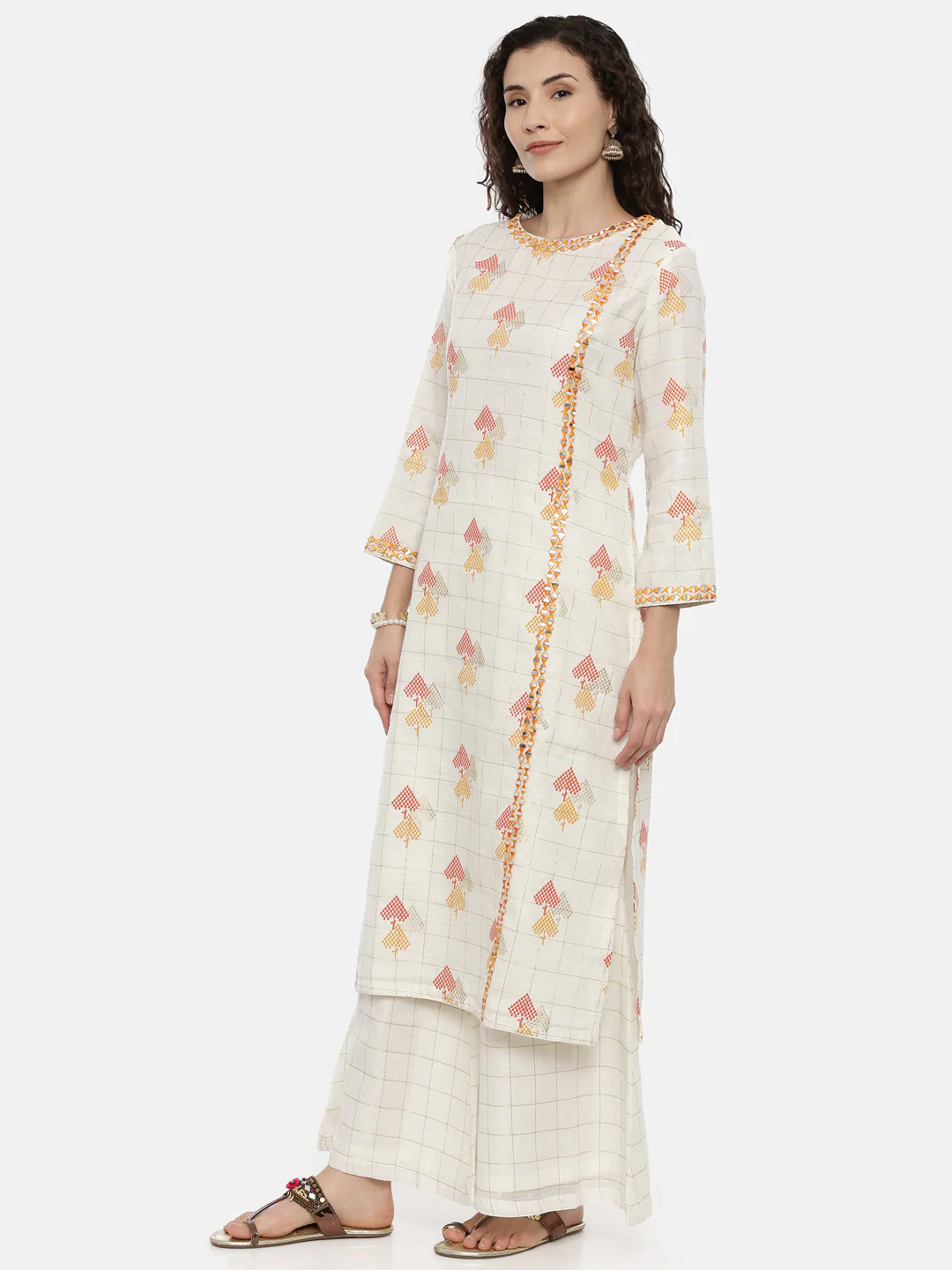 Neerus Women Cream-Coloured Embroidered Kurta with Palazzos and Dupatta - Image 2