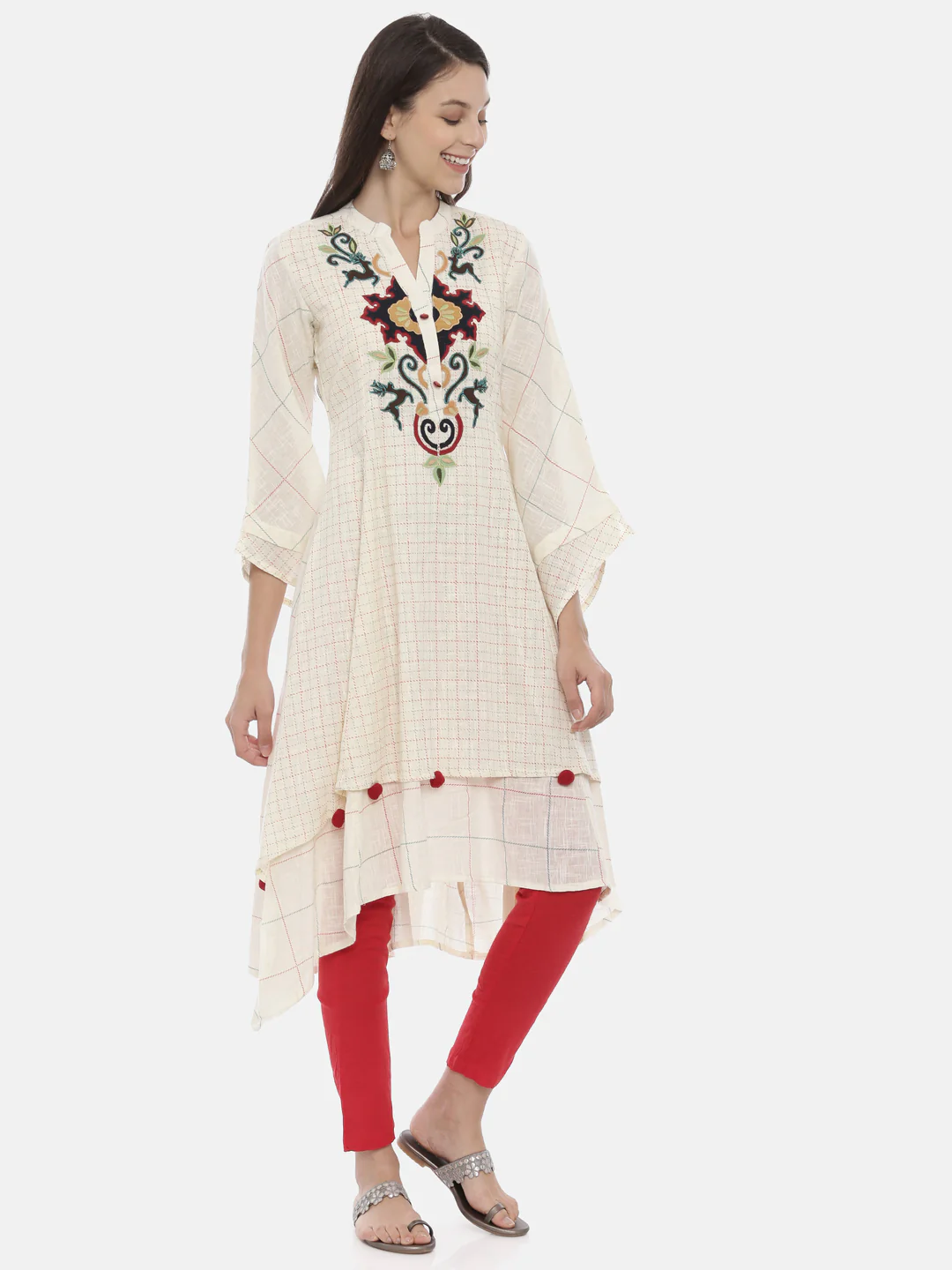 Neerus Women Cream-Coloured Embroidered Layered A-Line Kurta - Image 2