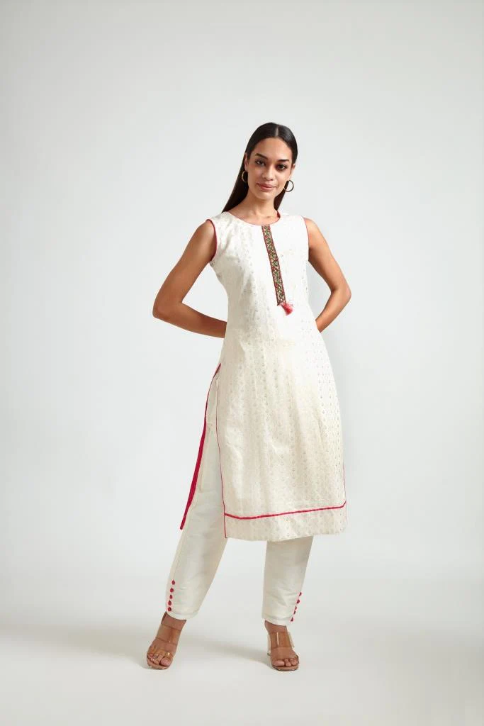 Neerus Women Cream-Coloured Ethnic Motifs Printed Kurta and Trousers With Dupatta - Image 3