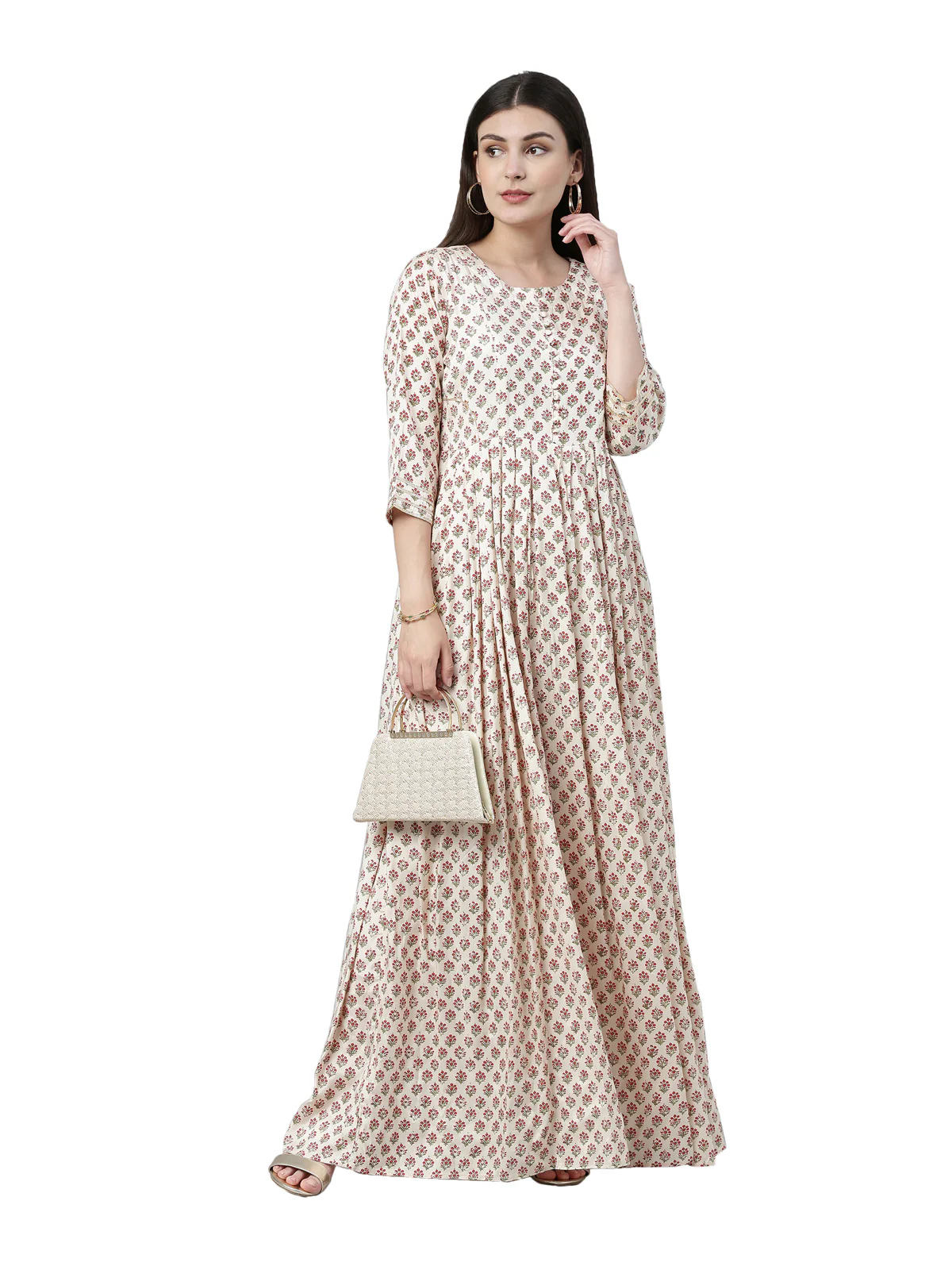 Neerus Women Cream-Coloured Floral Printed Anarkali Kurta - Image 6