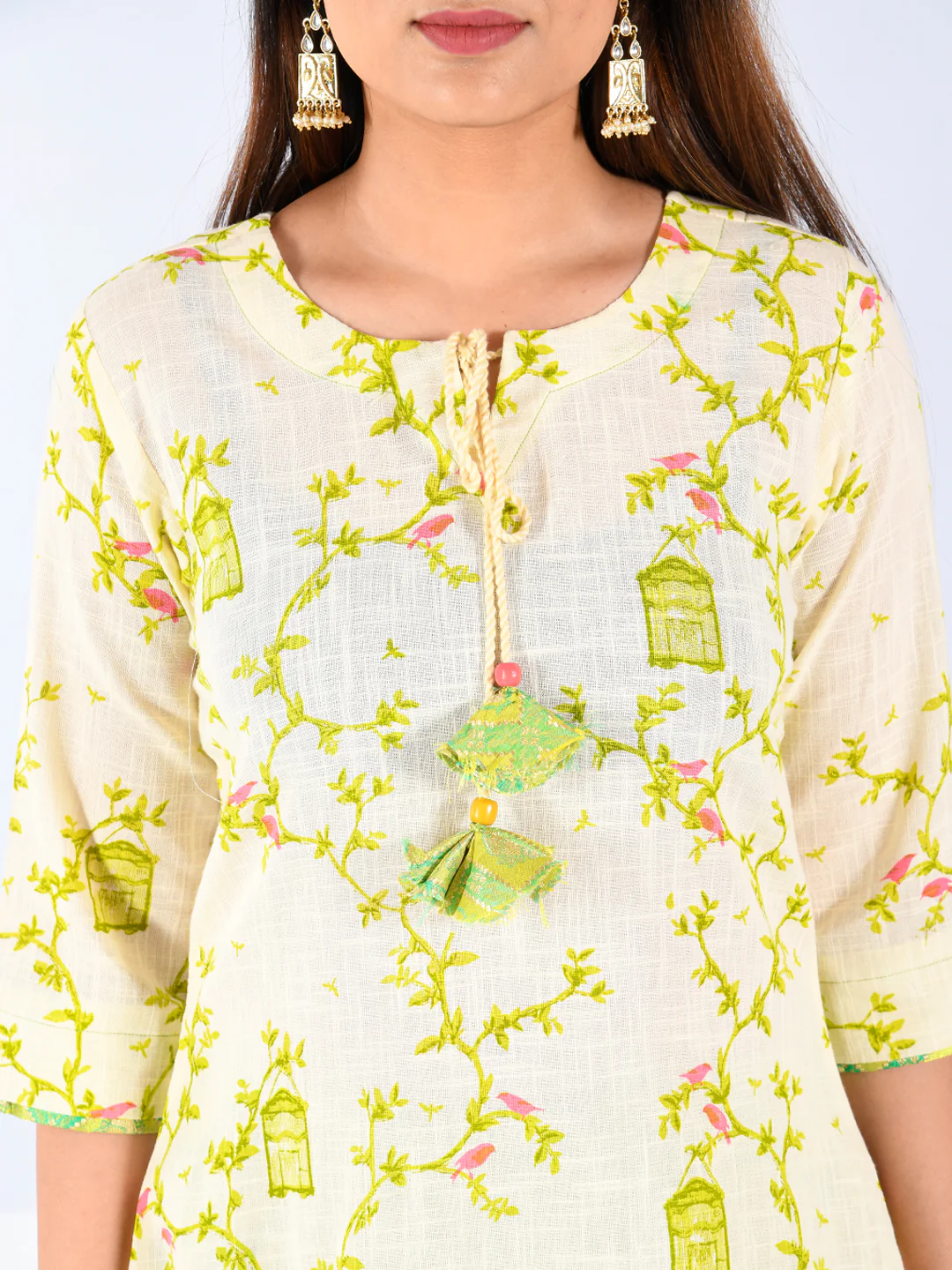 Neerus Women Cream-Coloured Green Printed Kurta With Palazzos - Image 3