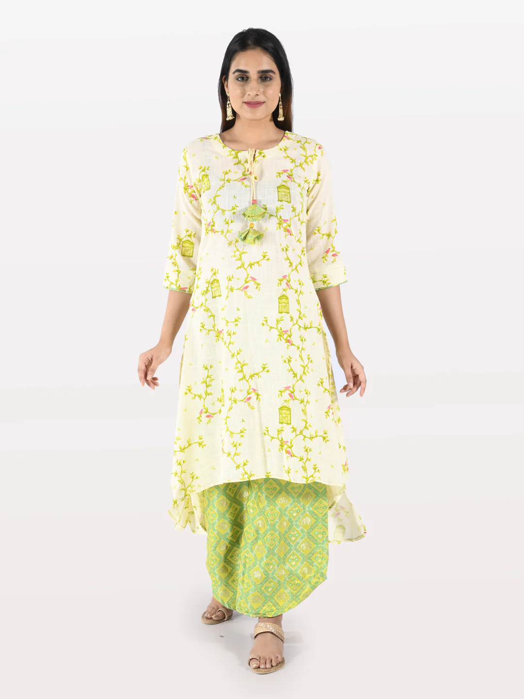 Neerus Women Cream-Coloured Green Printed Kurta With Palazzos - Image 4