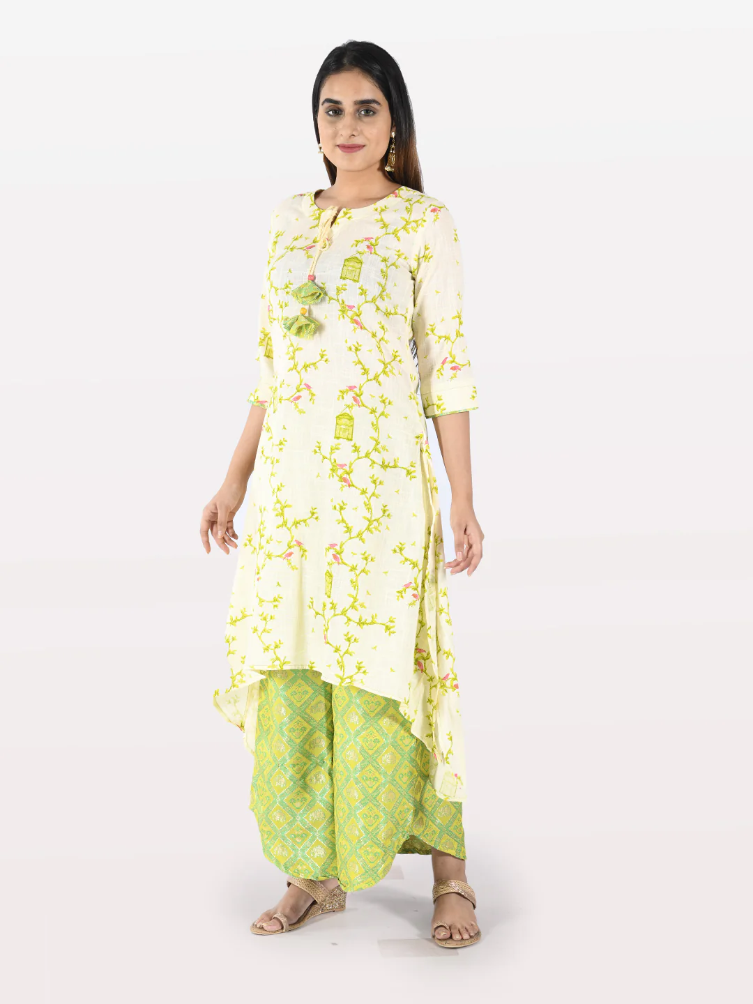 Neerus Women Cream-Coloured Green Printed Kurta With Palazzos - Image 5