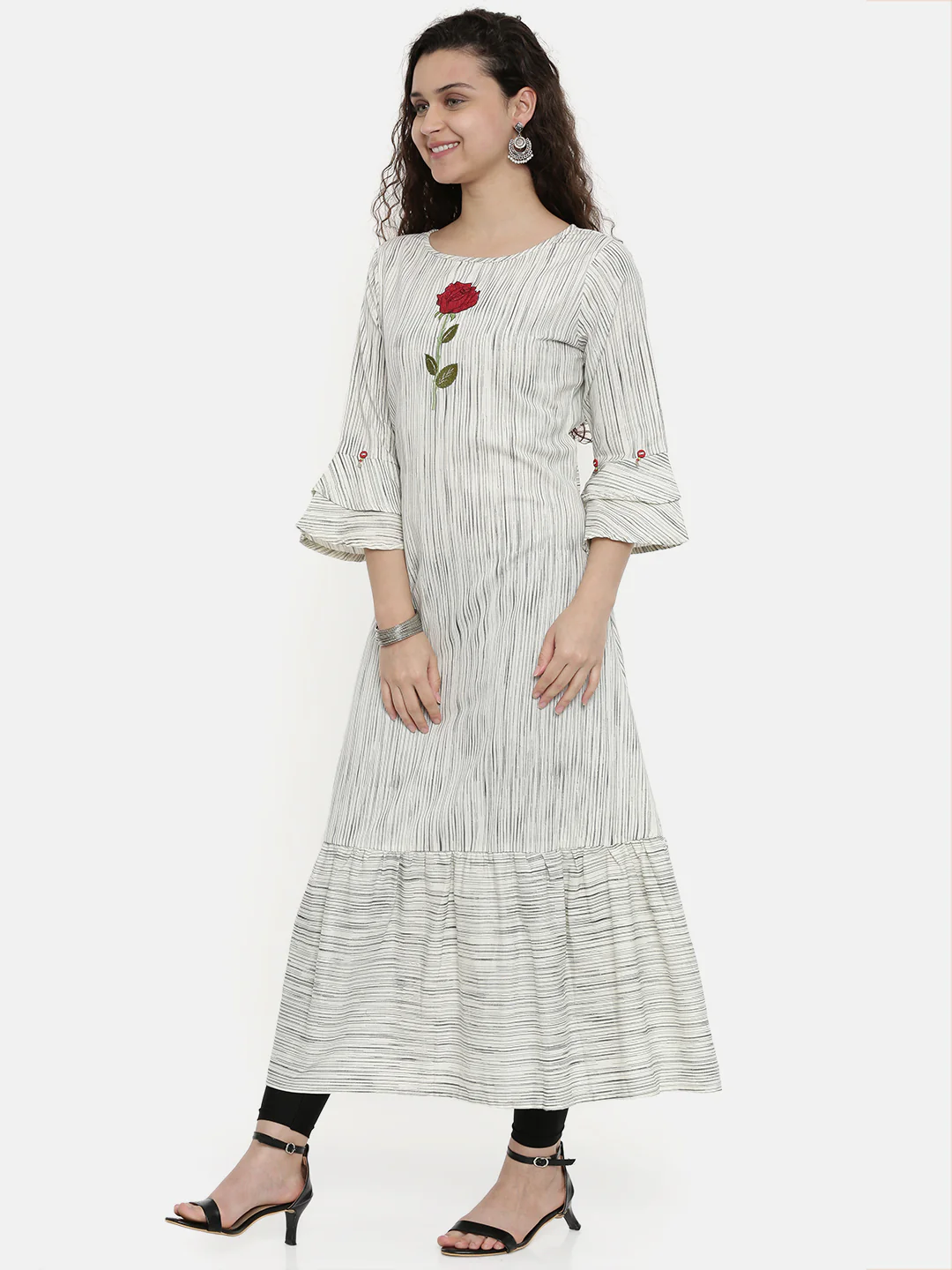 Neerus Women Cream-Coloured Grey Striped A-Line Kurta With Embroidery Detail - Image 5
