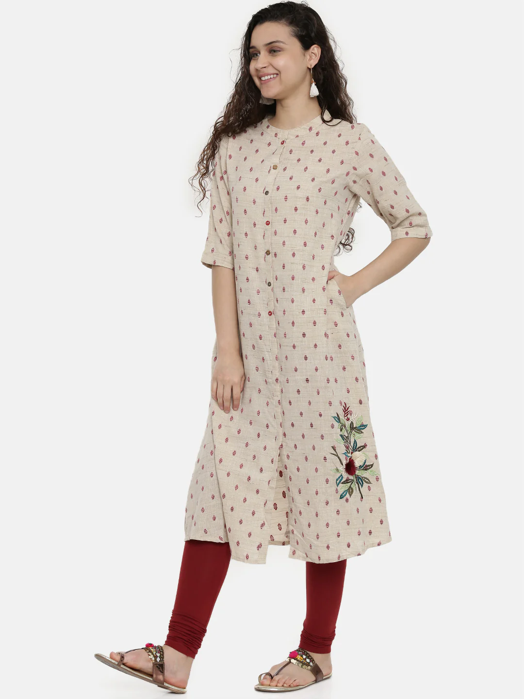 Neerus Women Cream-Coloured Maroon Woven Design A-Line Kurta - Image 4