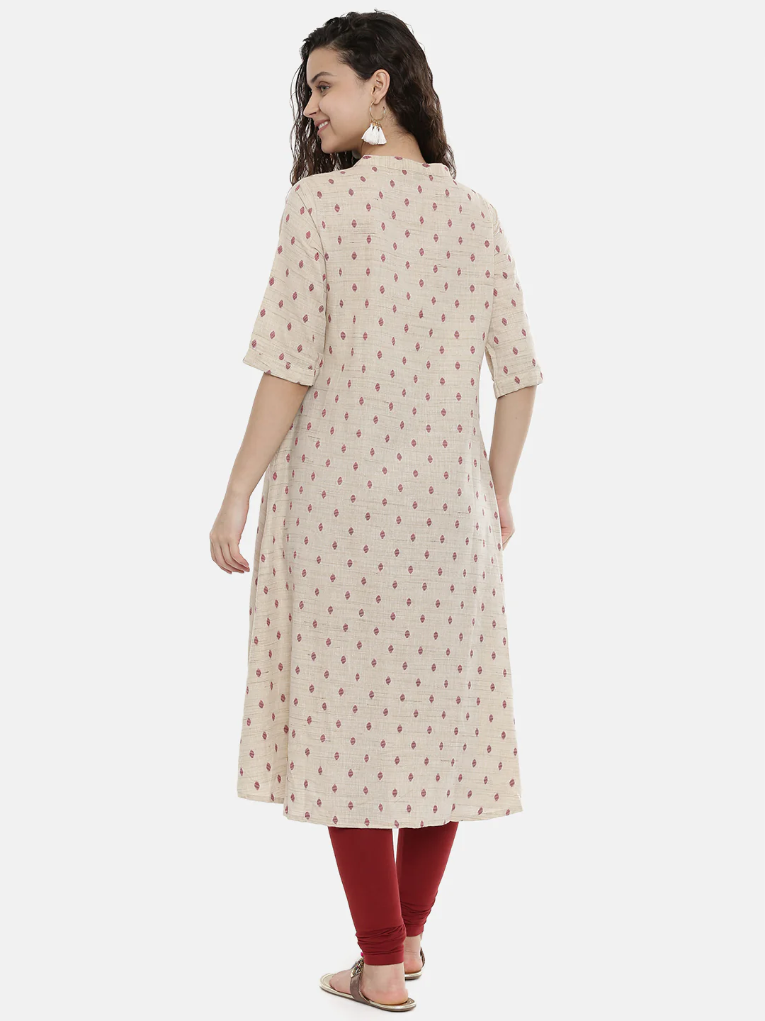 Neerus Women Cream-Coloured Maroon Woven Design A-Line Kurta - Image 5