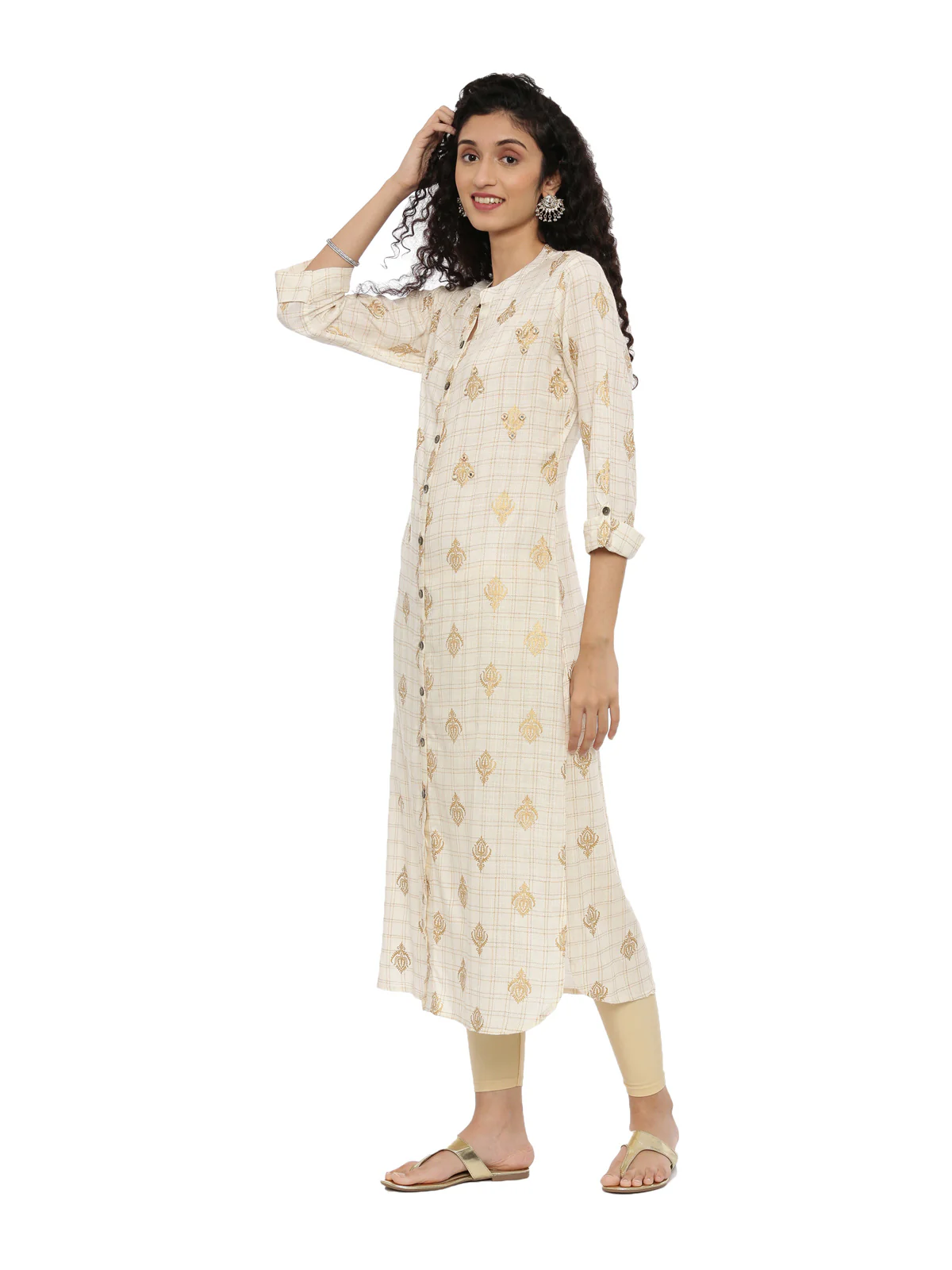 Neerus Women Cream-Coloured Thread Work Kurta - Image 2