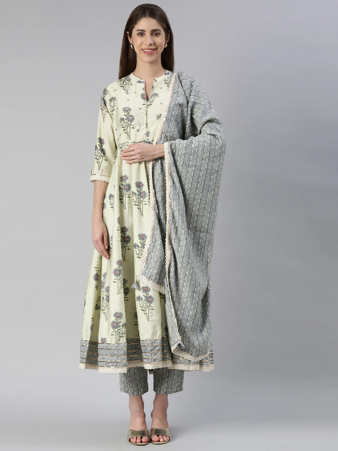 Neerus Women Cream Printed Calf Length Kurta And Trousers With Dupatta