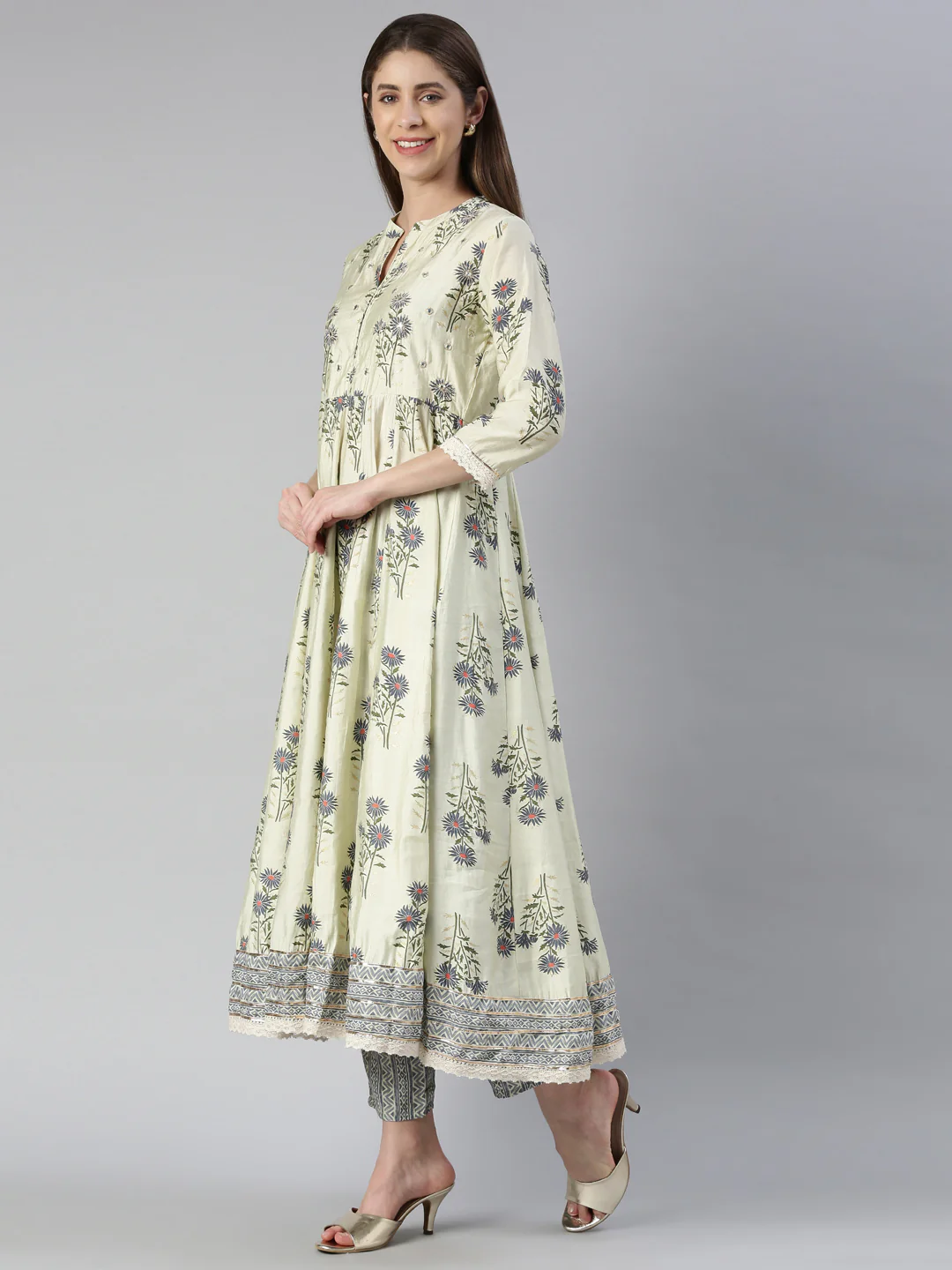 Neerus Women Cream Printed Calf Length Kurta And Trousers With Dupatta - Image 2