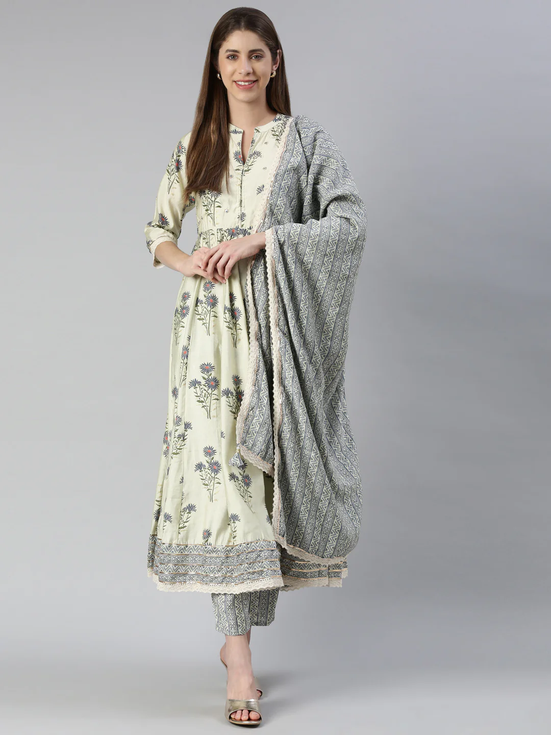 Neerus Women Cream Printed Calf Length Kurta And Trousers With Dupatta - Image 5